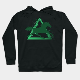 Horse Trotting with a Pixelated Triangular Explosion: Modern Design (green) Hoodie